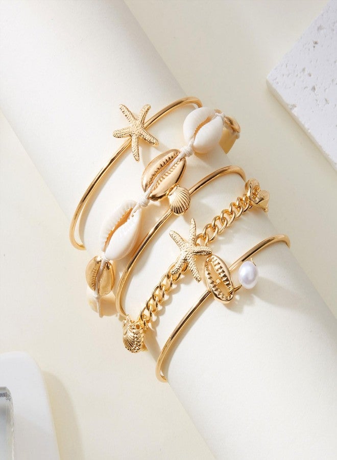 TACBSP Gold Shell Starfish Bracelet for Women Seashell Pearl Stack Bracelet Boho Starfish Beach Cuff Bracelets Trendy Summer Surfer Ocean Beach Jewelry Gift (5Pcs) - Image 5